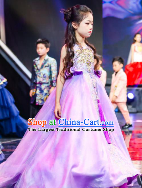 High Children Catwalks Violet Dress Girl Stage Show Clothing Baby Compere Garment Costume Kid Birthday Trailing Full Dress