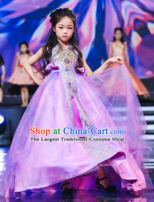 High Children Catwalks Violet Dress Girl Stage Show Clothing Baby Compere Garment Costume Kid Birthday Trailing Full Dress