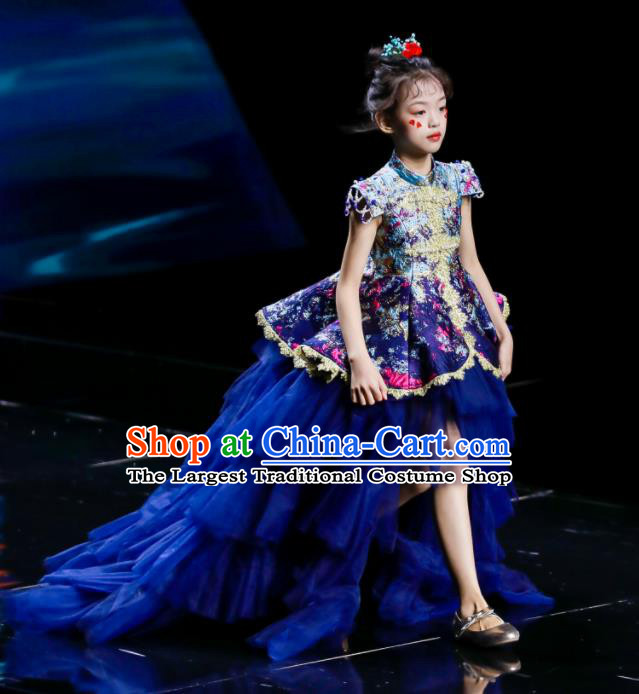 High Kid Birthday Trailing Full Dress Children Catwalks Navy Veil Dress Girl Stage Show Clothing Compere Garment Costume