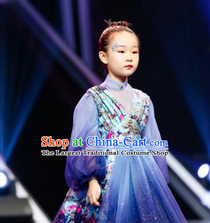 High Kid Piano Performance Full Dress Children Catwalks Trailing Dress Girl Stage Show Clothing Compere Garment Costume