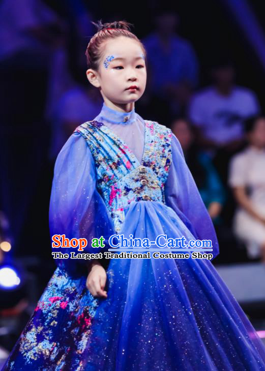 High Kid Piano Performance Full Dress Children Catwalks Trailing Dress Girl Stage Show Clothing Compere Garment Costume