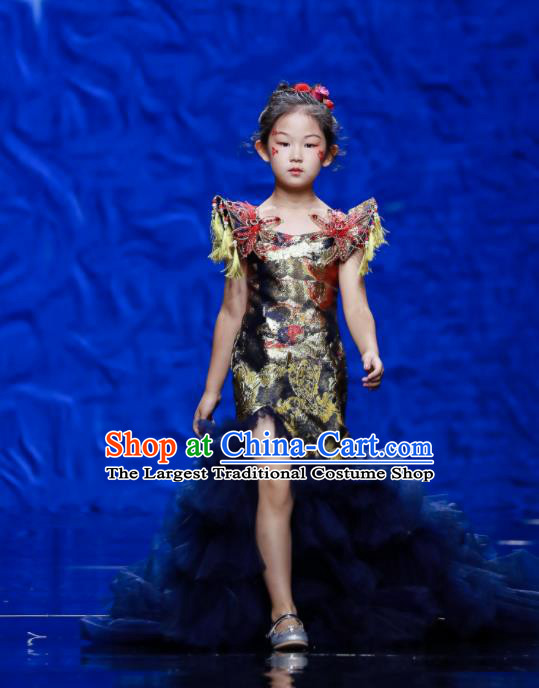 High Children Catwalks Trailing Dress Girl Stage Show Clothing Compere Garment Costume Kid Birthday Full Dress