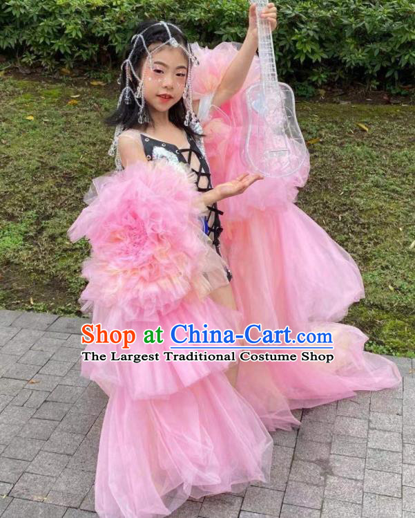 High Girl Catwalks Clothing Compere Garment Costume Stage Show Full Dress Children Dance Pink Dress