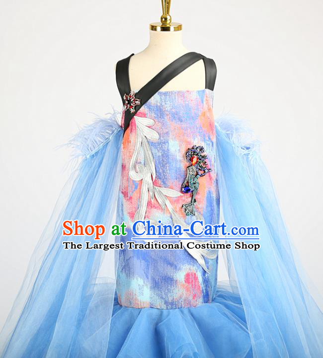 High Baby Compere Garment Costume Stage Show Full Dress Girl Catwalks Clothing Children Performance Blue Veil Fishtail Dress