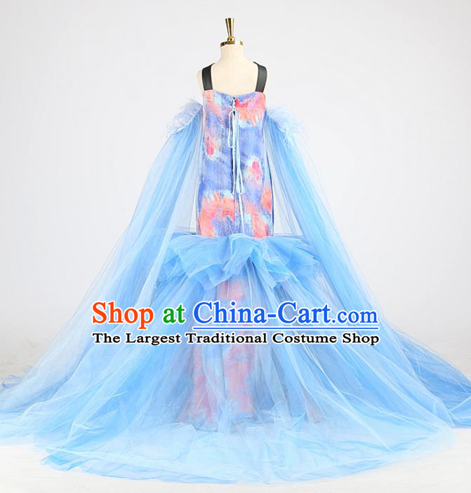 High Baby Compere Garment Costume Stage Show Full Dress Girl Catwalks Clothing Children Performance Blue Veil Fishtail Dress
