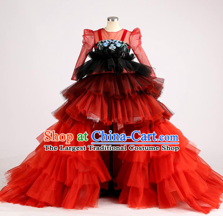 High Chorus Garment Costume Kid Performance Full Dress Children Catwalks Red Veil Trailing Dress Girl Stage Show Clothing