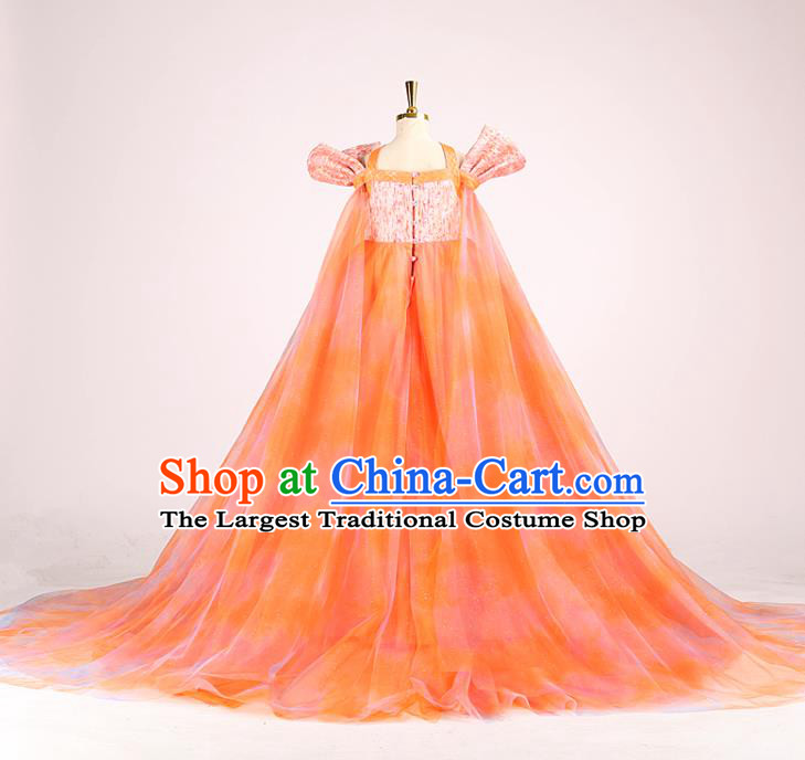 High Children Performance Orange Veil Trailing Dress Baby Chorus Garment Costume Stage Show Full Dress Girl Catwalks Clothing