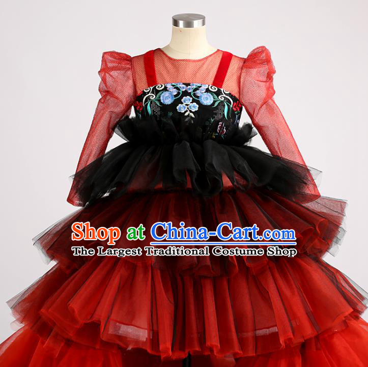 High Chorus Garment Costume Kid Performance Full Dress Children Catwalks Red Veil Trailing Dress Girl Stage Show Clothing