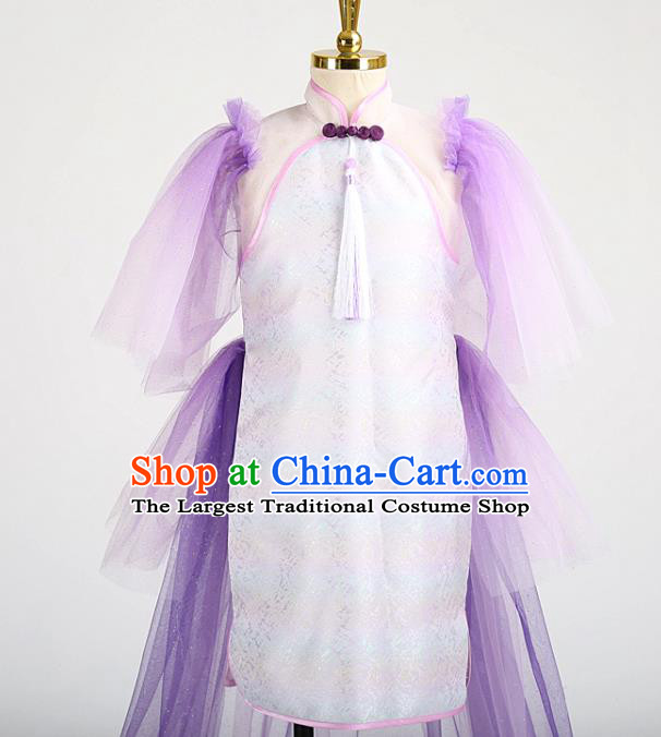 High Girl Chorus Clothing Children Performance Purple Dress Catwalks Garment Costume Stage Show Full Dress