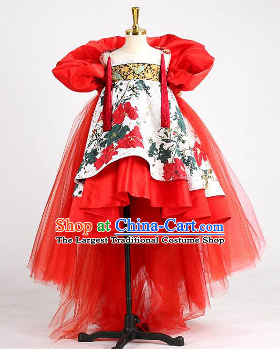 High Girl Chorus Performance Clothing Children Compere Red Dress Catwalks Garment Costume Stage Show Full Dress