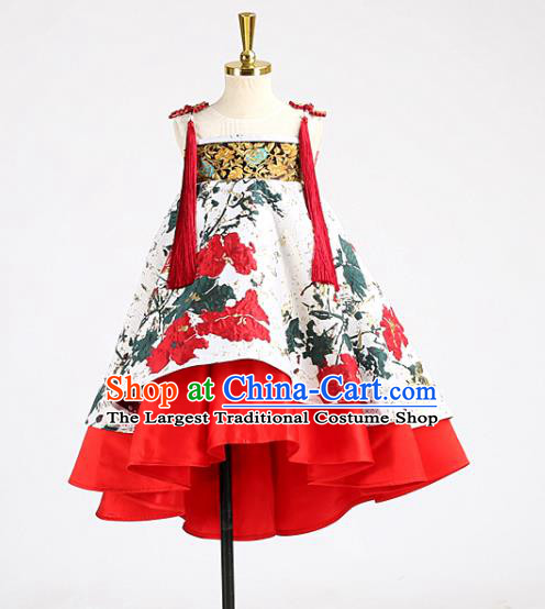 High Girl Chorus Performance Clothing Children Compere Red Dress Catwalks Garment Costume Stage Show Full Dress