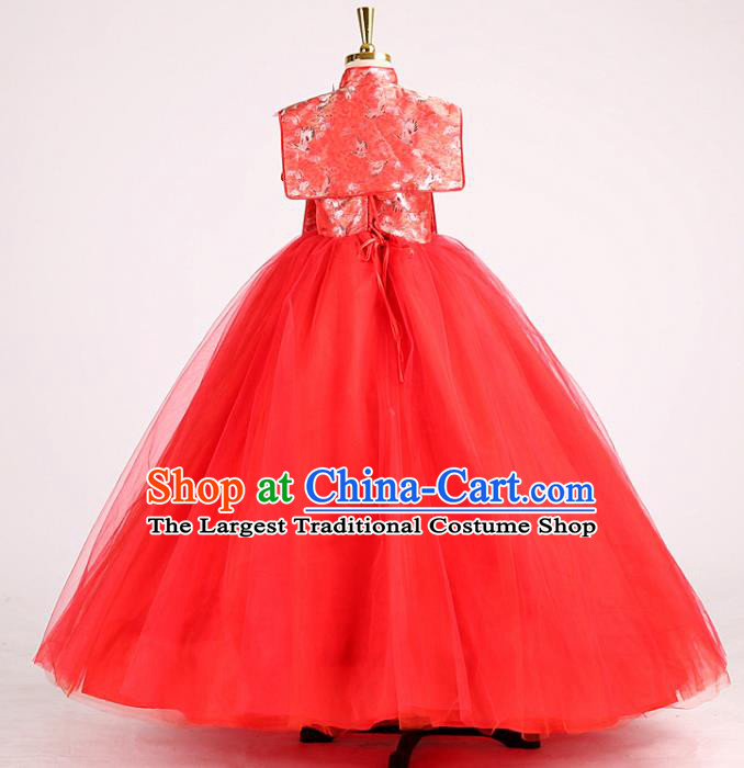 High Stage Show Red Veil Full Dress Girl Chorus Performance Clothing Children Compere Dress Catwalks Garment Costume
