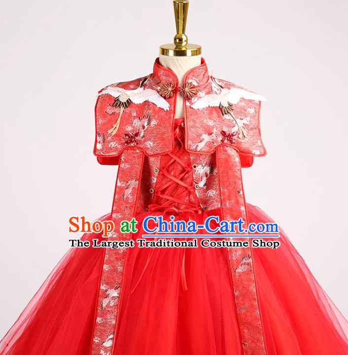 High Stage Show Red Veil Full Dress Girl Chorus Performance Clothing Children Compere Dress Catwalks Garment Costume