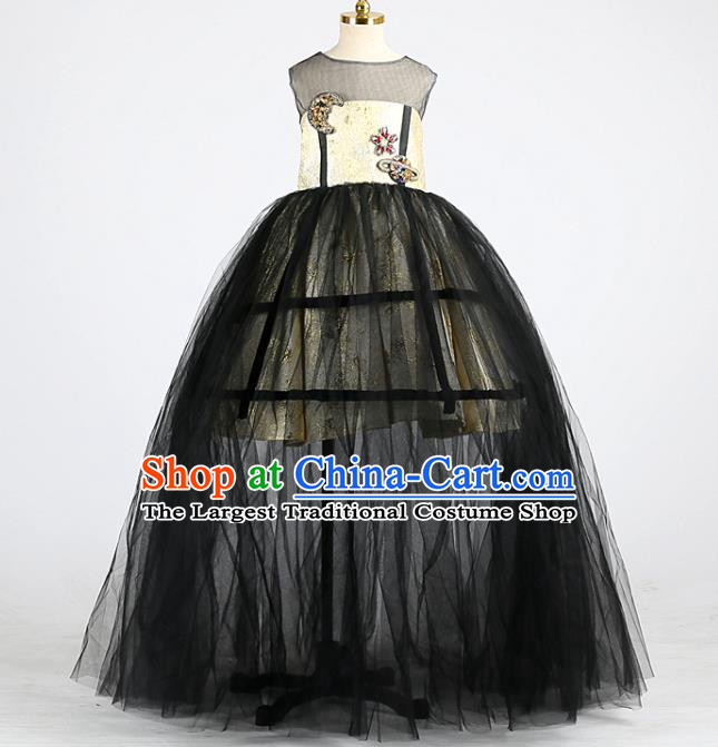 High Children Compere Garments Catwalks Formal Costume Stage Show Black Veil Full Dress Girl Model Performance Clothing
