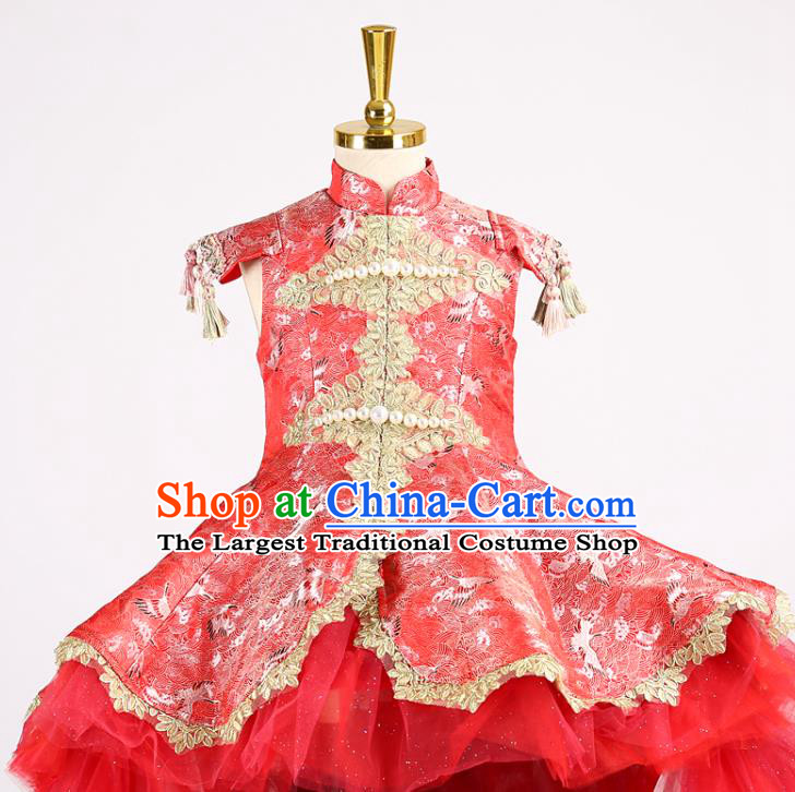 High China Catwalks Formal Costume Stage Show Red Trailing Full Dress Girl Model Performance Clothing Children Compere Garments