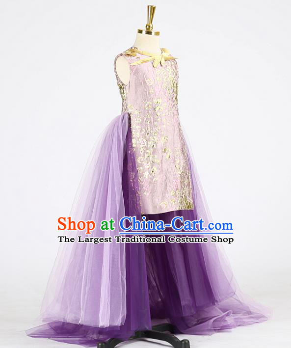 High Children Compere Garments China Catwalks Formal Costume Stage Show Purple Full Dress Girl Model Performance Clothing