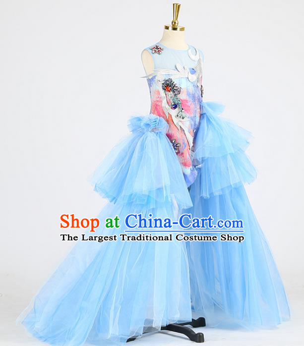 High Girl Model Performance Clothing Children Compere Garments Catwalks Formal Costume Stage Show Blue Full Dress