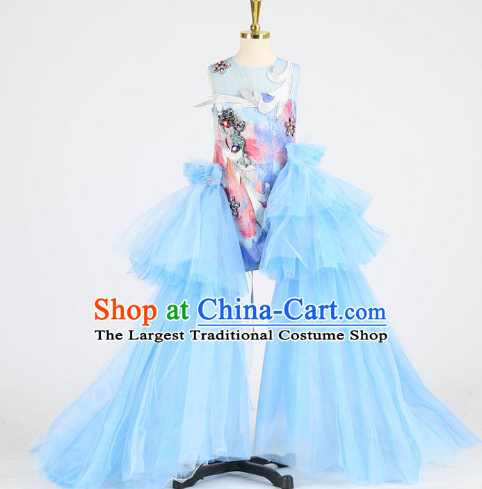 High Girl Model Performance Clothing Children Compere Garments Catwalks Formal Costume Stage Show Blue Full Dress