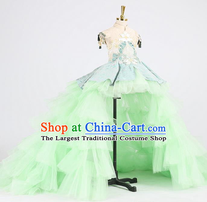 High Stage Show Green Veil Full Dress Girl Model Performance Clothing Children Compere Garments Catwalks Formal Costume