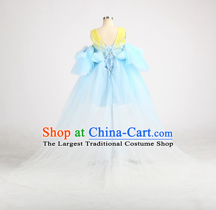High Children Compere Blue Veil Short Dress Girl Catwalks Clothing Chorus Garment Costume Stage Show Full Dress