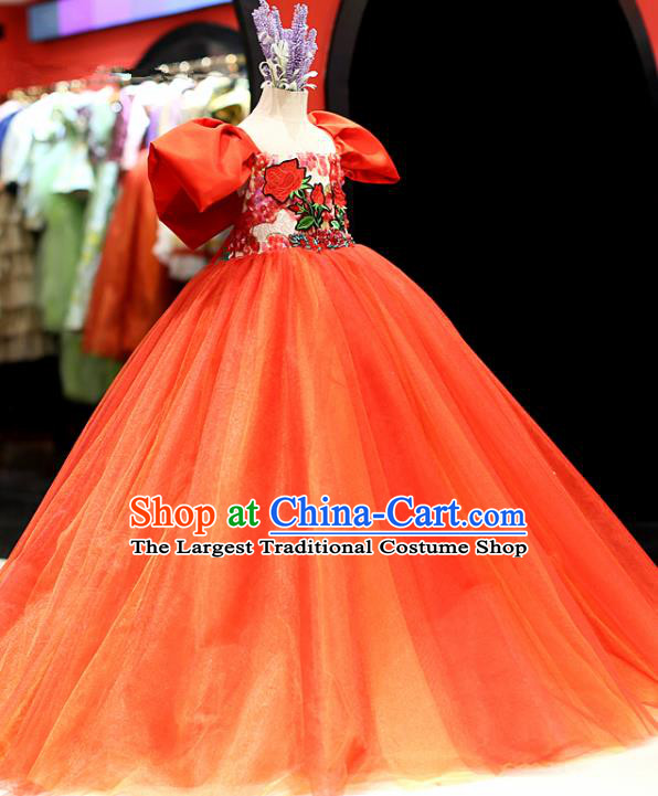 High Girl Princess Formal Costume Stage Show Embroidered Red Full Dress Kid Catwalks Clothing Children Performance Garments