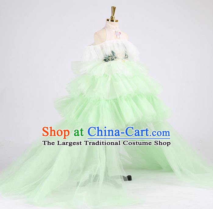 High Girl Dance Costume Stage Show Green Veil Trailing Full Dress Kid Catwalks Clothing Children Performance Garments