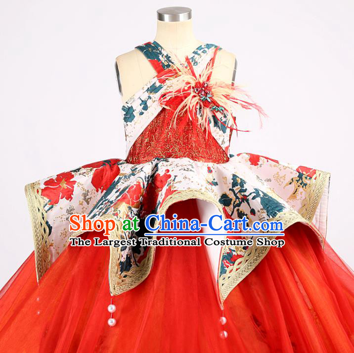 High Stage Show Princess Full Dress Kid Catwalks Clothing Children Performance Veil Dress Girl Compere Costume