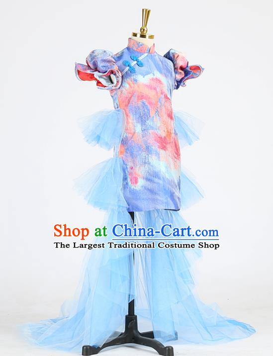 High Girl Catwalks Clothing Children Compere Garments Chorus Formal Costume Stage Show Blue Full Dress
