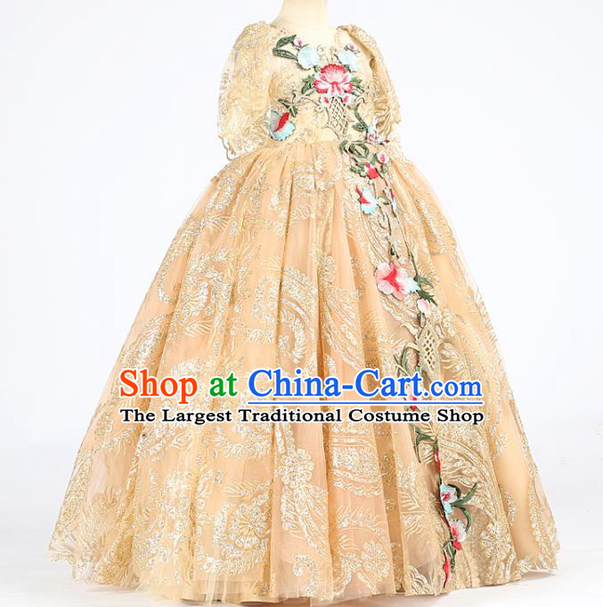 High Children Performance Embroidered Golden Dress Girl Compere Costume Stage Show Princess Full Dress Kid Catwalks Clothing