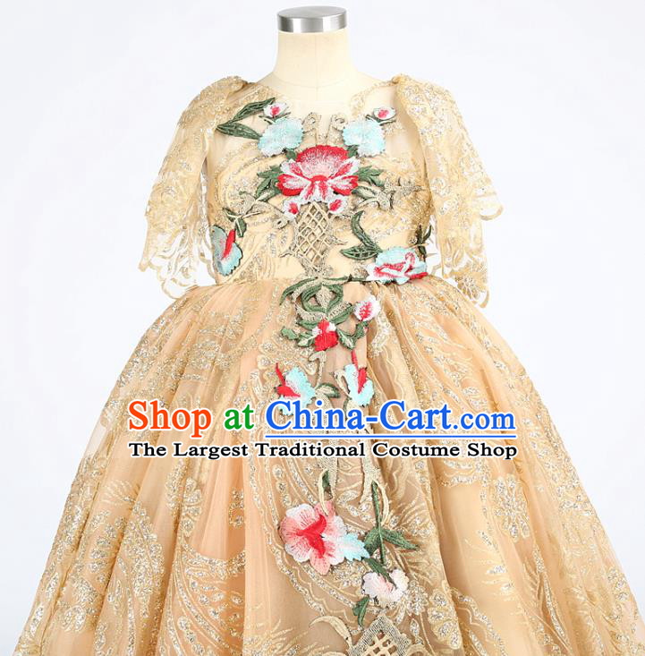 High Children Performance Embroidered Golden Dress Girl Compere Costume Stage Show Princess Full Dress Kid Catwalks Clothing