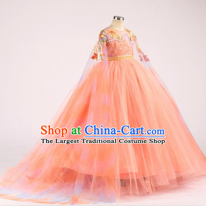 High Girl Compere Clothing Stage Show Princess Full Dress Kid Catwalks Fashion Children Performance Orange Veil Dress