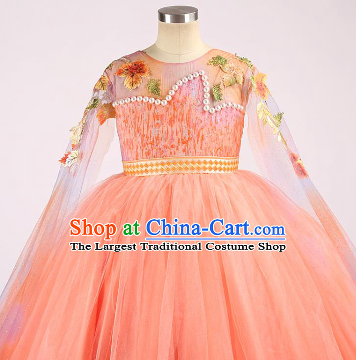 High Girl Compere Clothing Stage Show Princess Full Dress Kid Catwalks Fashion Children Performance Orange Veil Dress