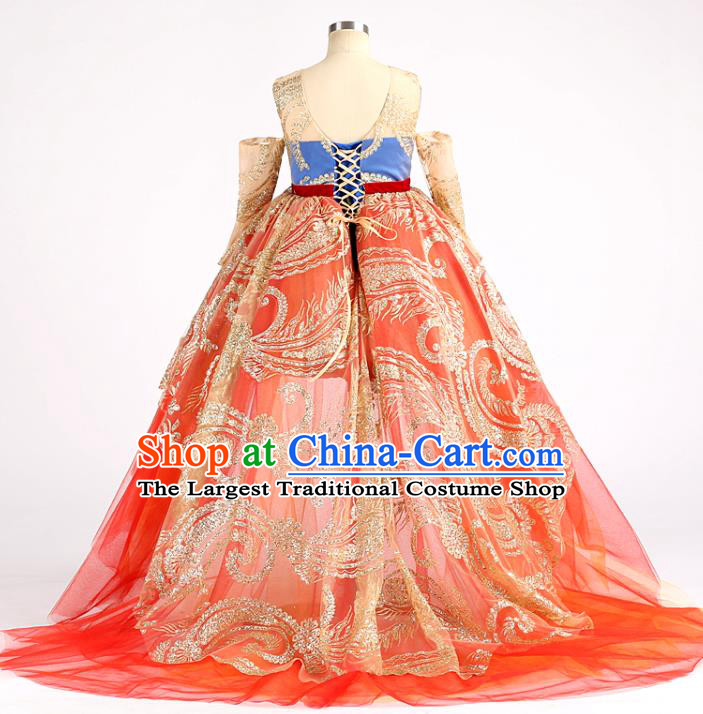 High Children Chorus Performance Red Dress Baroque Compere Clothing Stage Show Princess Full Dress Girl Catwalks Fashion