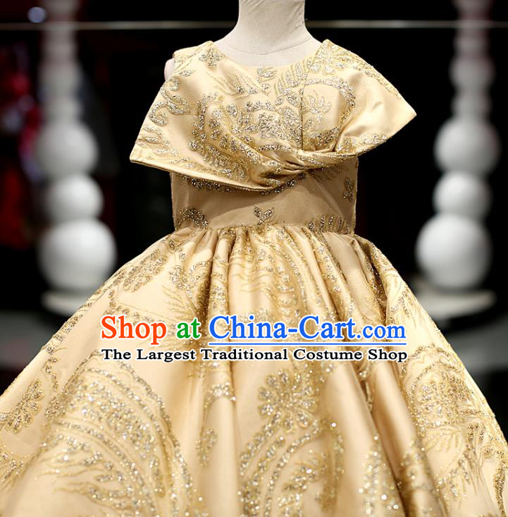 High Baroque Princess Clothing Stage Show Trailing Full Dress Girl Catwalks Fashion Children Compere Performance Golden Dress