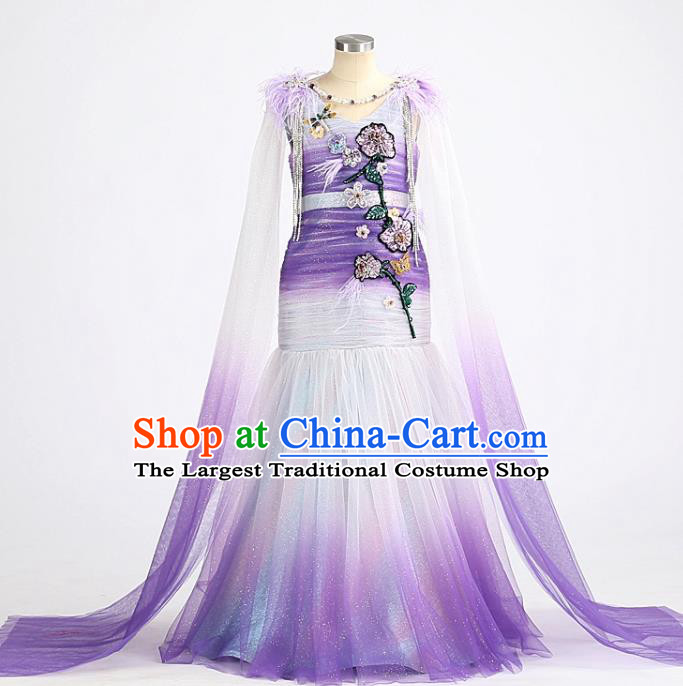High Stage Show Fishtail Full Dress Girl Catwalks Fashion Children Compere Purple Dress Chorus Performance Clothing