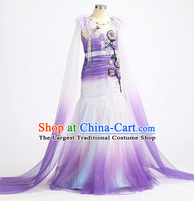 High Stage Show Fishtail Full Dress Girl Catwalks Fashion Children Compere Purple Dress Chorus Performance Clothing