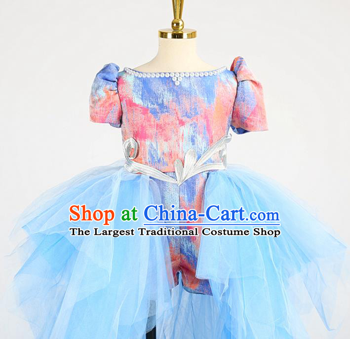 High Compere Formal Costume Stage Show Blue Full Dress Girl Catwalks Clothing Children Compere Garments