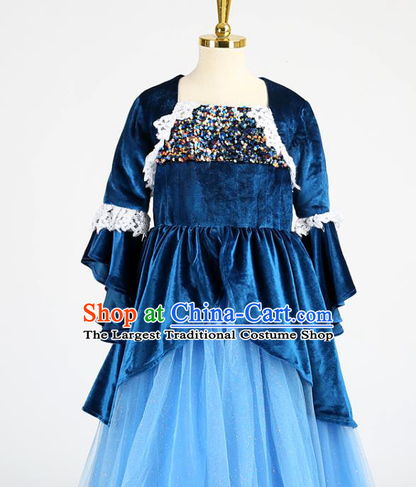 High Children Compere Garments Compere Formal Costume Stage Show Blue Velvet Full Dress Girl Catwalks Clothing