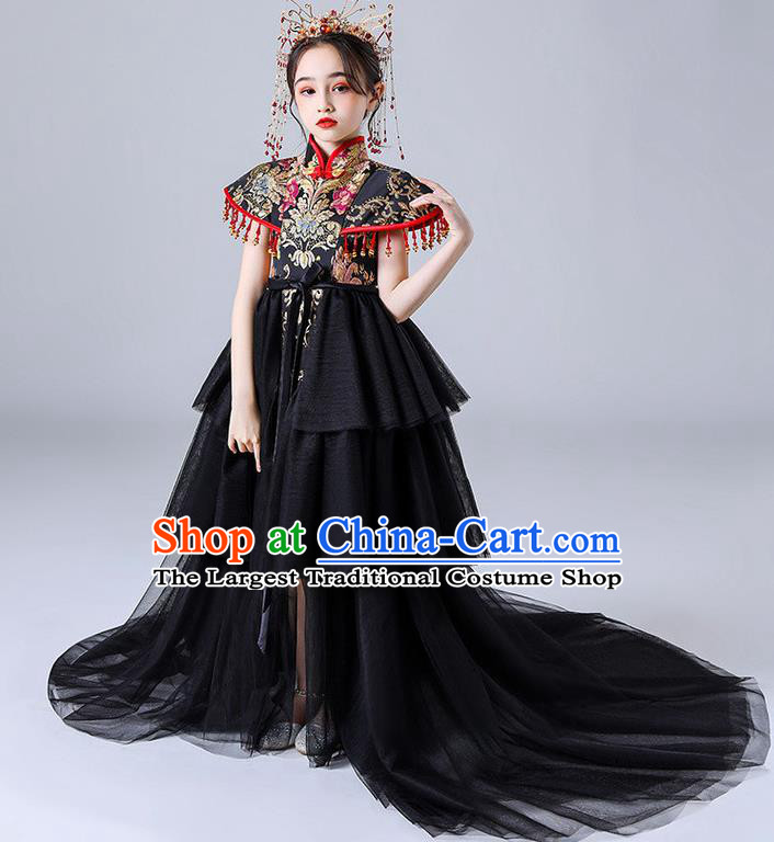 China Girl Catwalks Clothing Stage Performance Garment Costume Children Embroidered Qipao Dress Black Veil Trailing Dress