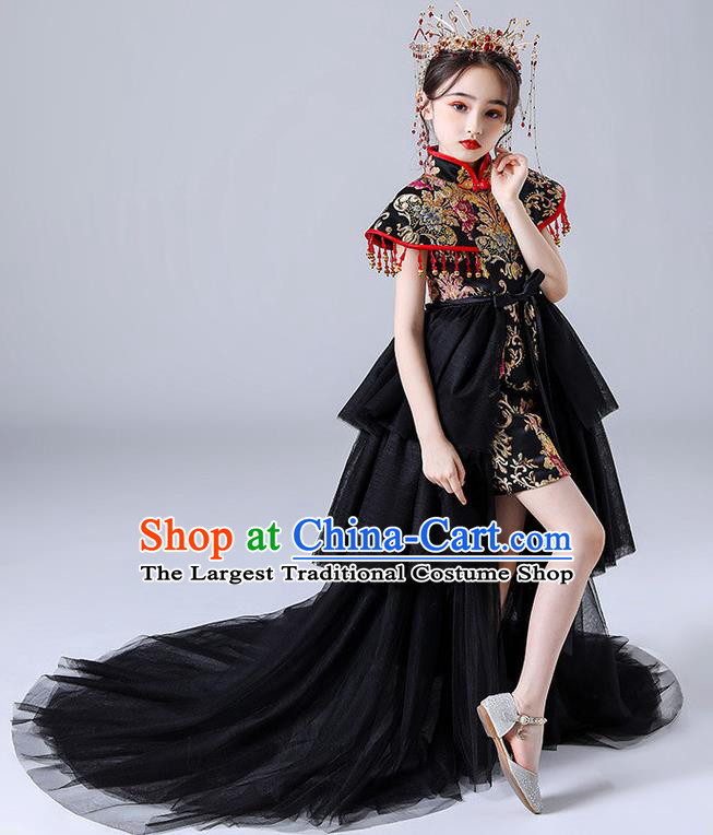 China Girl Catwalks Clothing Stage Performance Garment Costume Children Embroidered Qipao Dress Black Veil Trailing Dress