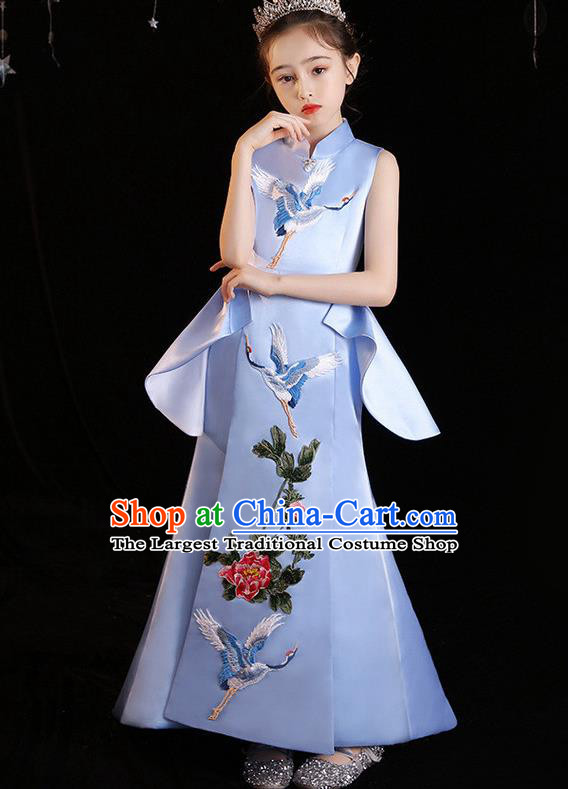 China Embroidered Blue Dress Girl Catwalks Clothing Stage Performance Garment Costume Children Qipao Dress