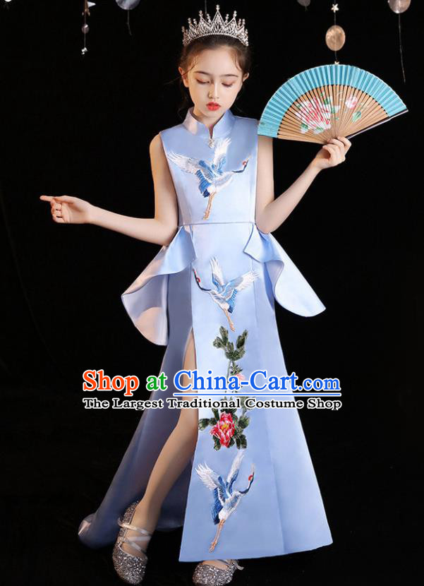 China Embroidered Blue Dress Girl Catwalks Clothing Stage Performance Garment Costume Children Qipao Dress