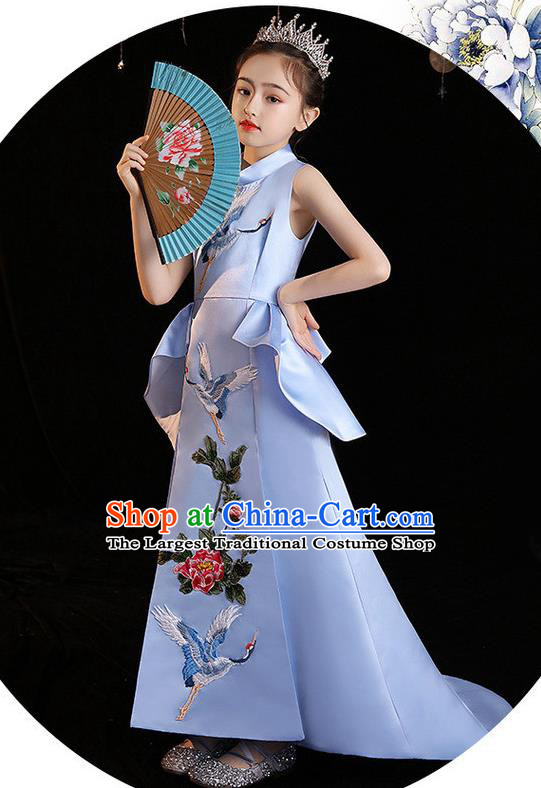 China Embroidered Blue Dress Girl Catwalks Clothing Stage Performance Garment Costume Children Qipao Dress