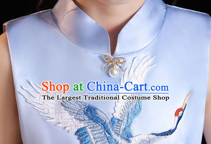 China Embroidered Blue Dress Girl Catwalks Clothing Stage Performance Garment Costume Children Qipao Dress