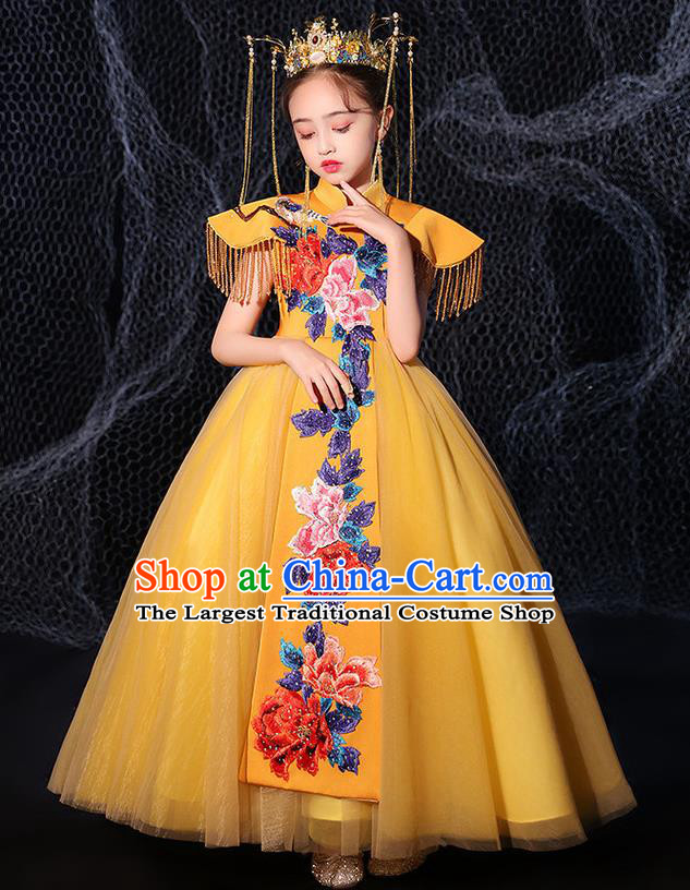 China Children Dance Wear Embroidered Yellow Dress Girl Catwalks Clothing Stage Performance Garment Costume