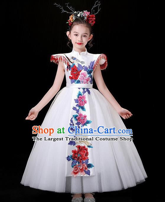 China Stage Performance Garment Costume Children Dance Wear Embroidered White Dress Girl Catwalks Clothing