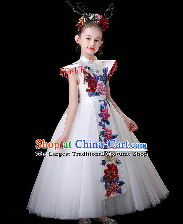 China Stage Performance Garment Costume Children Dance Wear Embroidered White Dress Girl Catwalks Clothing