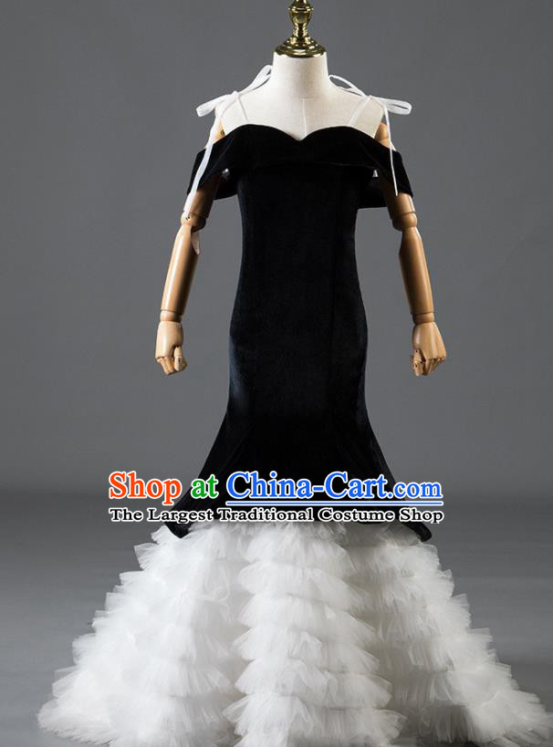 Custom Stage Show Black Velvet Dress Catwalks Trailing Full Dress Children Dancewear Girl Compere Fashion Clothing