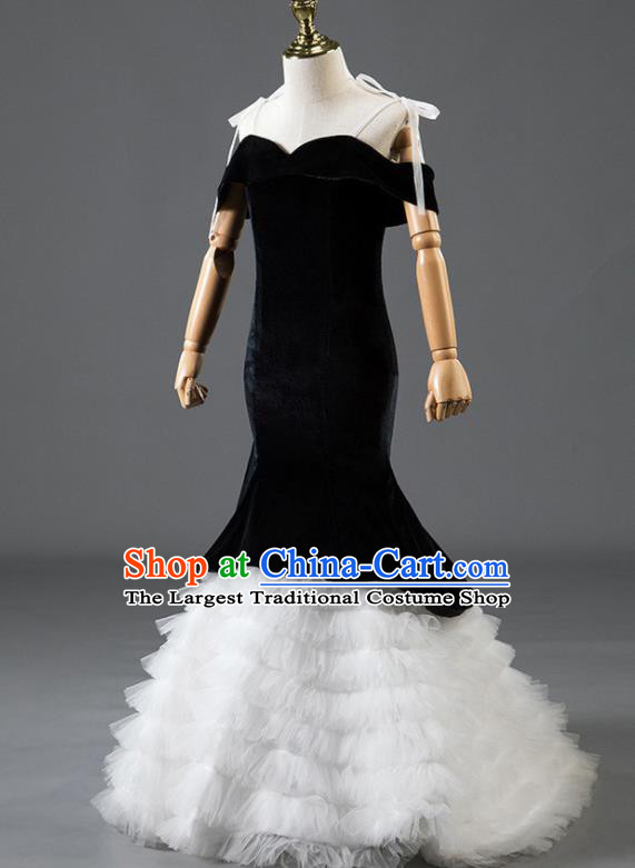 Custom Stage Show Black Velvet Dress Catwalks Trailing Full Dress Children Dancewear Girl Compere Fashion Clothing