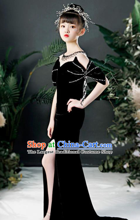 Custom Girl Compere Fashion Clothing Stage Show Black Velvet Dress Catwalks Full Dress Children Dancewear